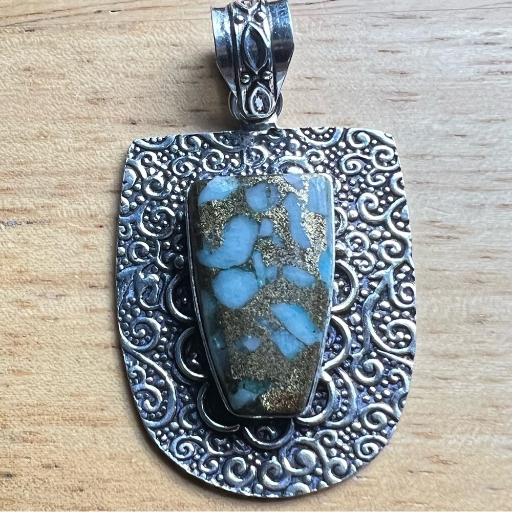 New Copper Larimar Stone Prong Set Silver Overlay Pendant Necklace with Cord